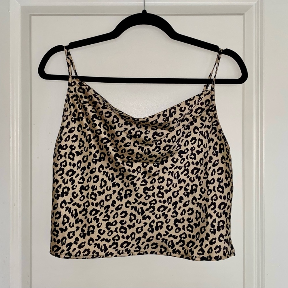 Leopard Print Cropped Satin Camisole with Cowl-Neck, size MEDIUM